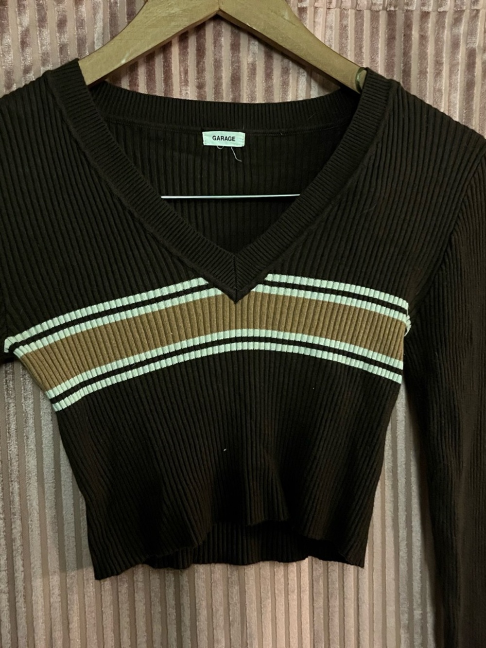 Garage Brown Ribbed V-Neck Long Sleeve Crop Top with Tan & Cream Stripes